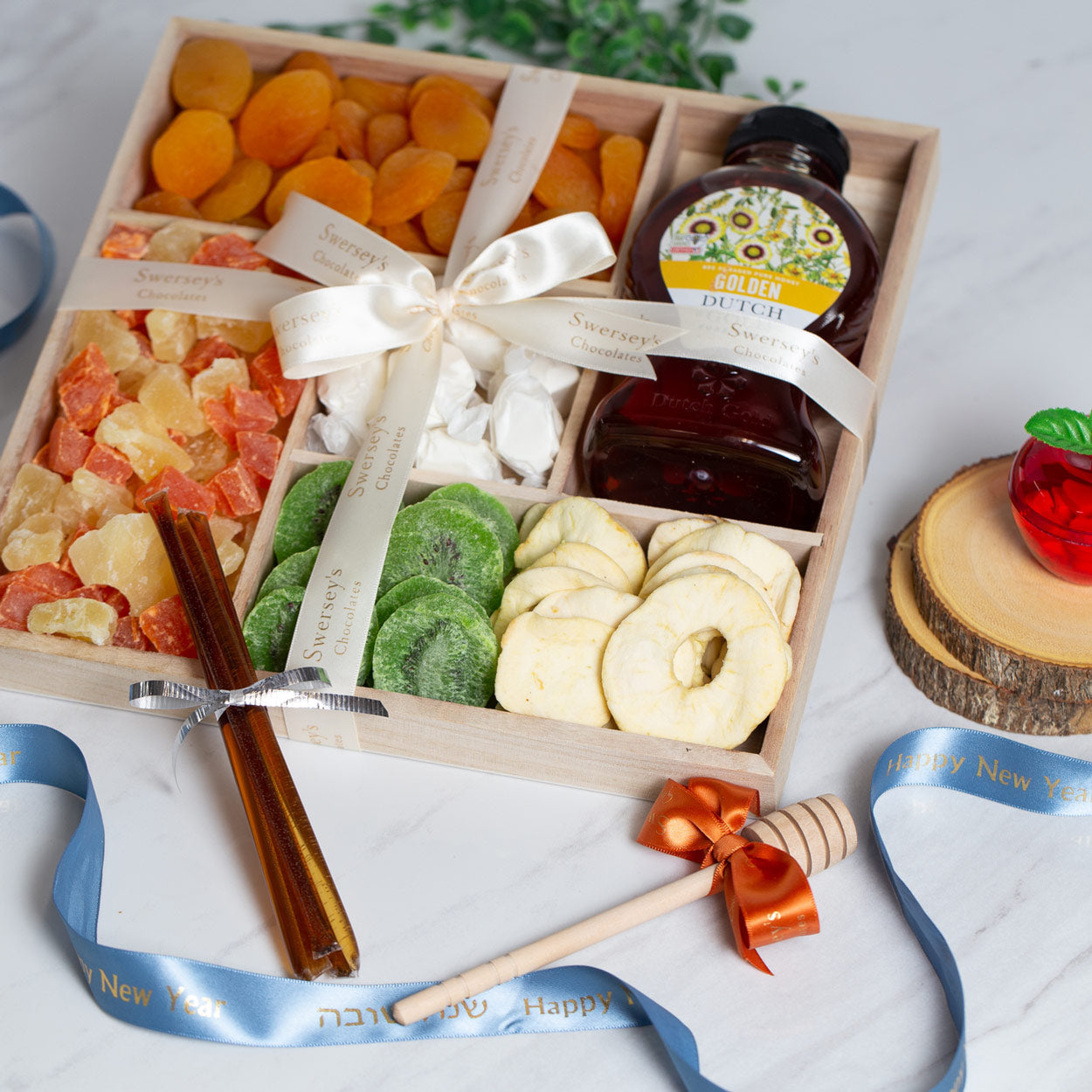 Rosh Hashanah Assorted Dried Fruit & Honey Gift Box - Assorted Dried Fruits, Taffy, Honey, Honey Sticks and Honey Dipper.