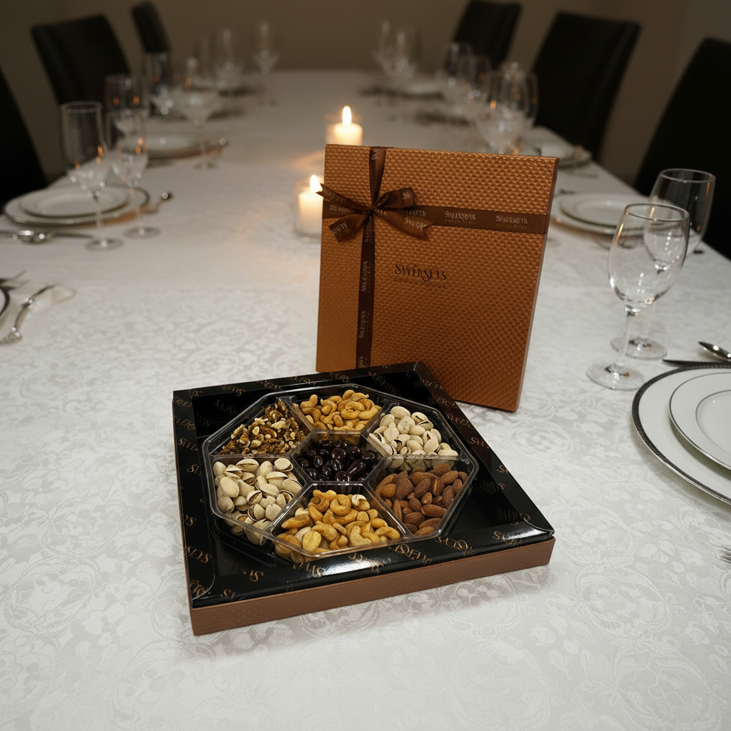Hexagonal tray of assorted nuts on a marble surface with an orange gift box in the background.