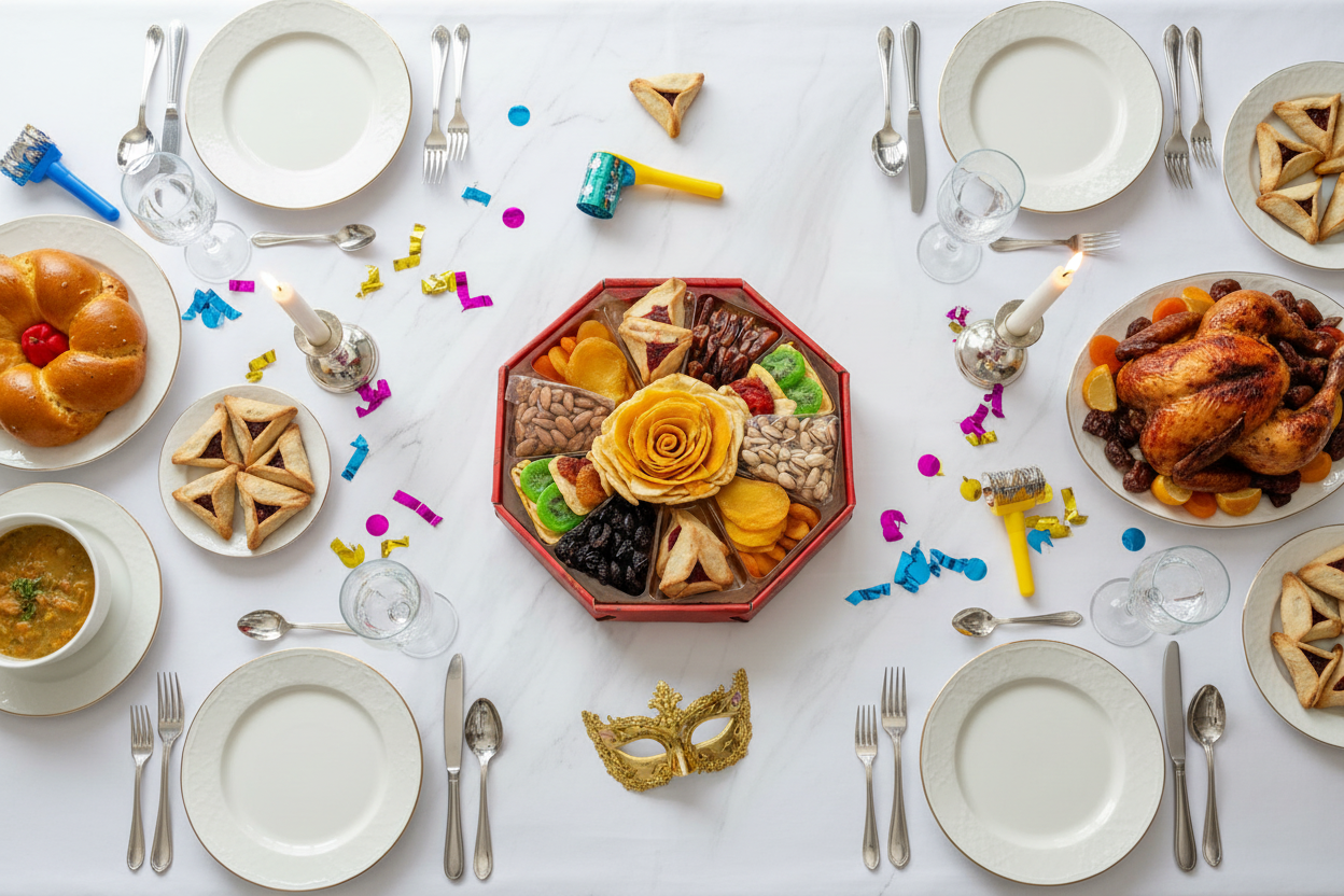Elegant Arrangement of Purim Dried Fruit and Hamantaschen Gift Tray
