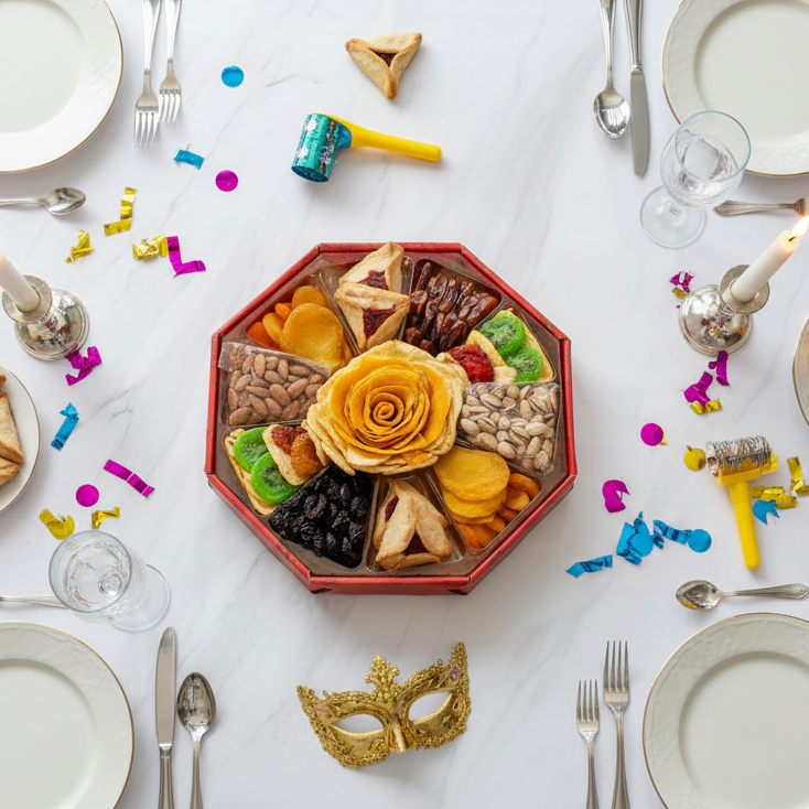 Elegant Arrangement of Purim Dried Fruit and Hamantaschen Gift Tray