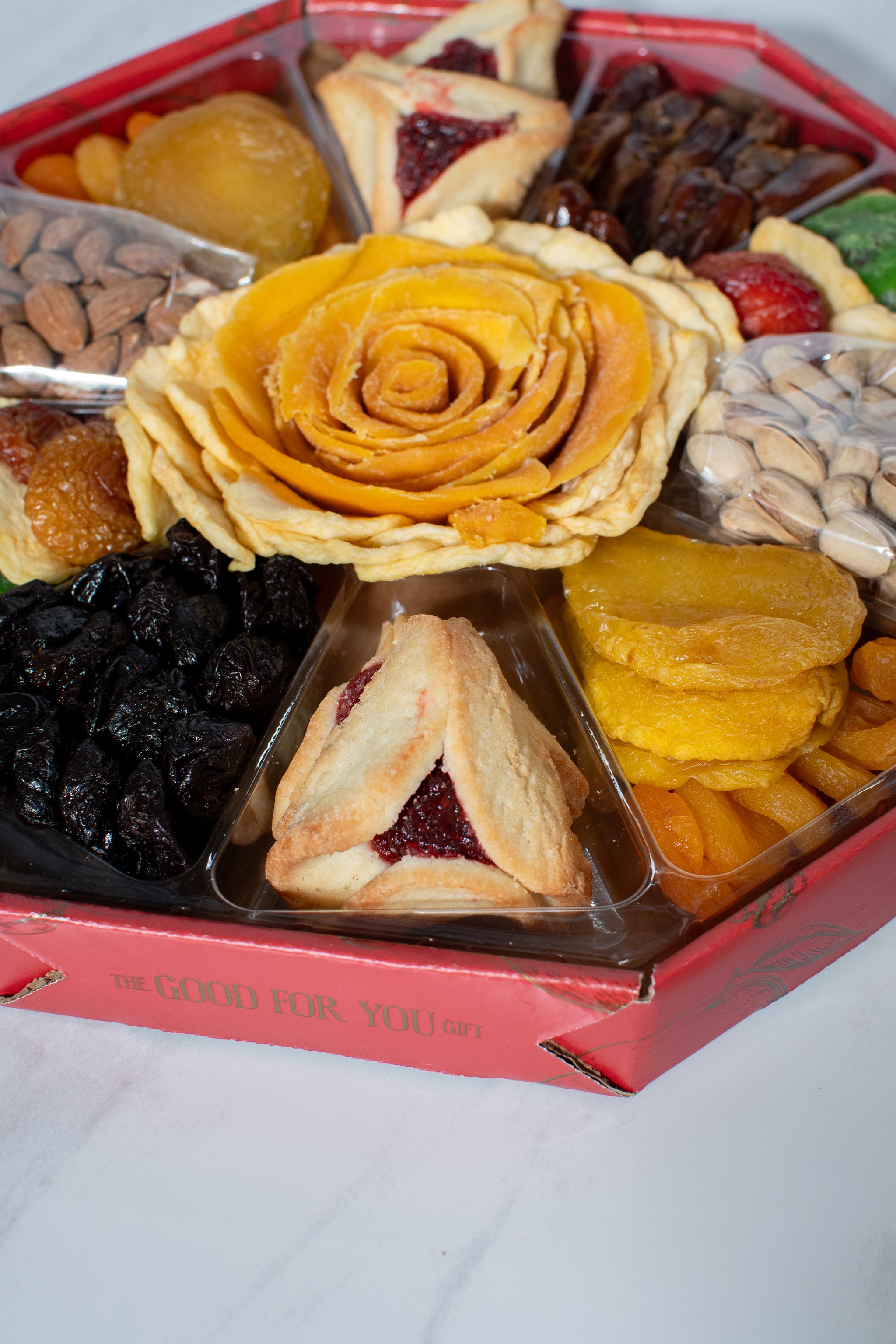 Elegant Arrangement of Purim Dried Fruit and Hamantaschen Gift Tray