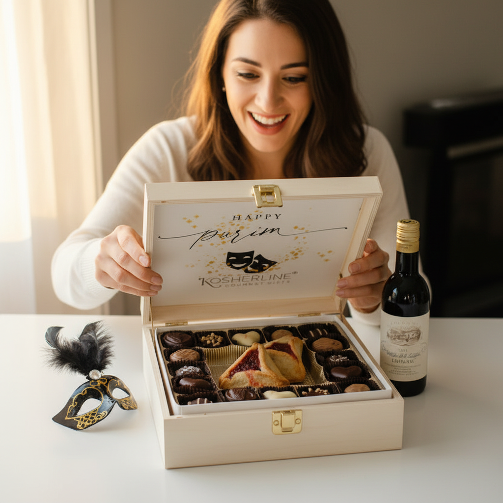 Exquisite Mishloach Manot Chocolate & Hamantaschen Keepsake Wooden Gift Box