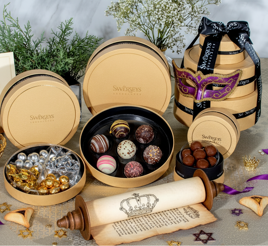 Decorative chocolate assortment in a Swarovski branded box with a mask and festive items on a neutral background.