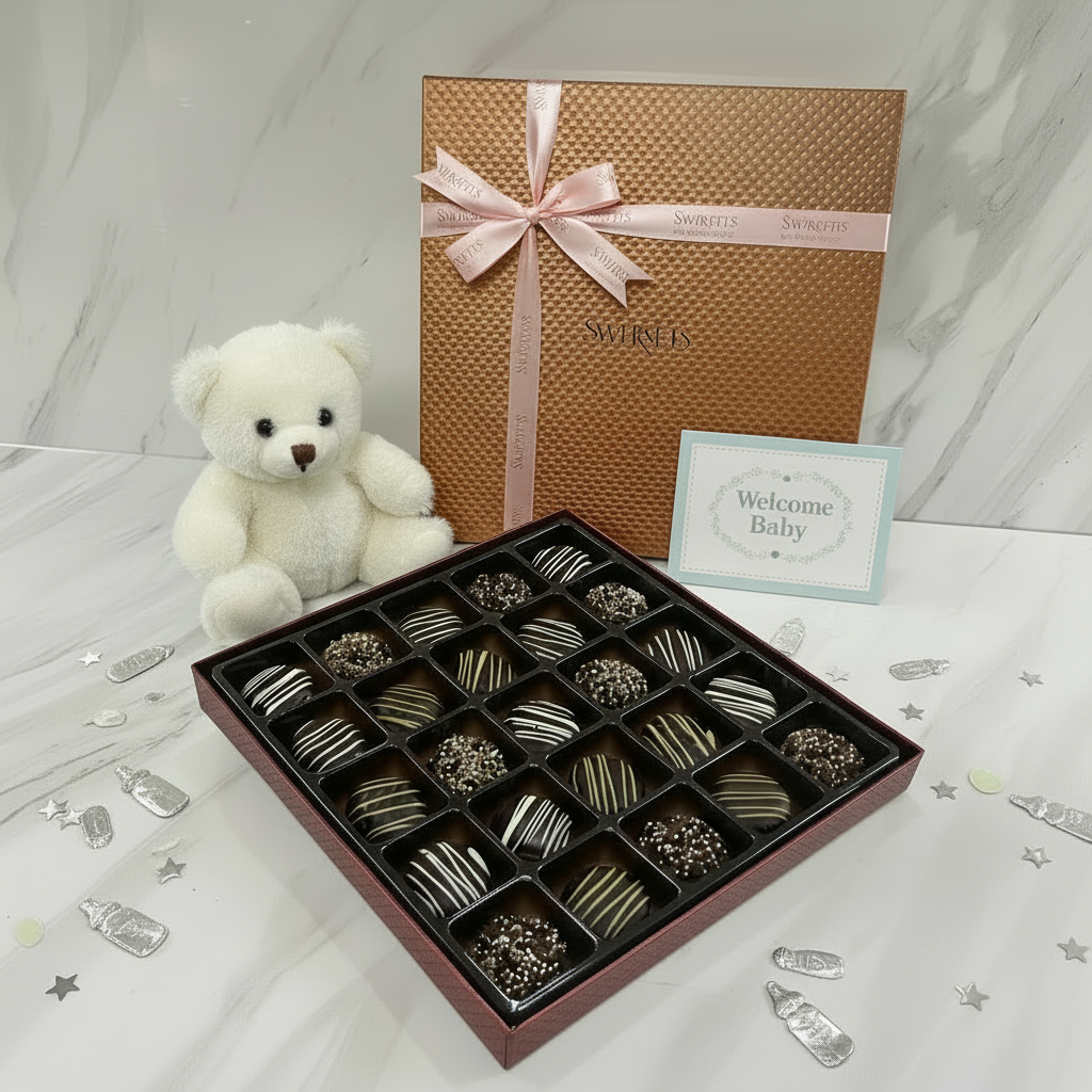 Baby welcome Home Gift Box of Chocolate Double Fudge cookies Teddy Included
