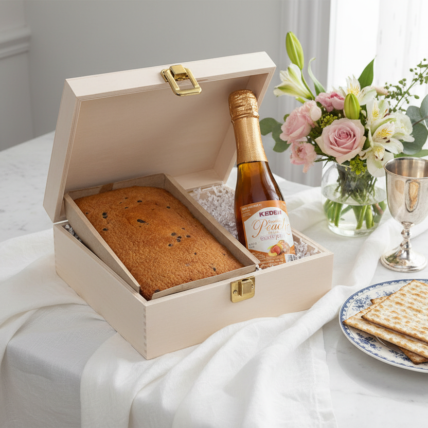 Open box containing a cake and a bottle of Kosher wine, 