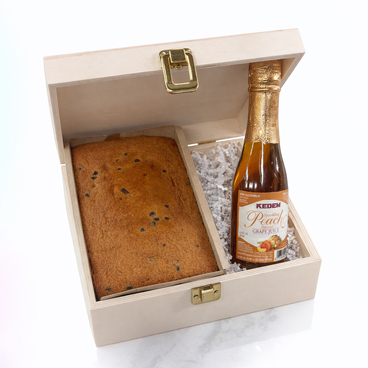 Passover  Cake with Delicious Peach Grape juice in Keepsake wood gift box