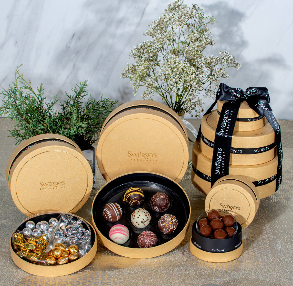 Deluxe Gold 3 Tier Gourmet Treats Round Gift Box