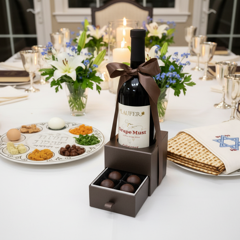 Set dining table with wine bottle, food, and matzah on a white tablecloth.