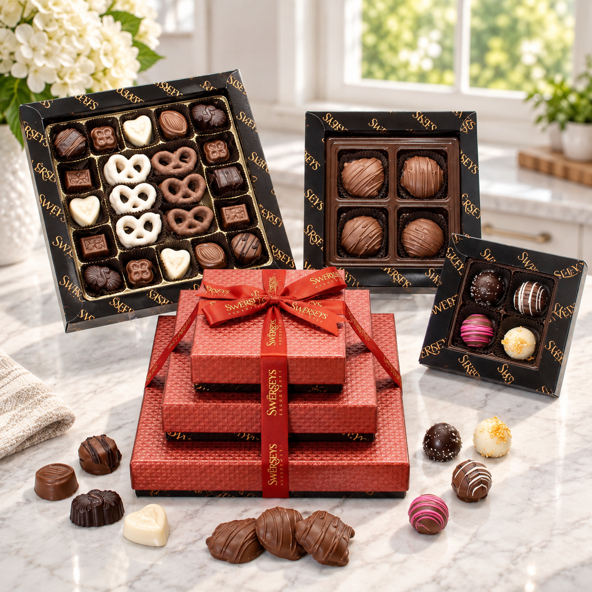 Kosherline 3 tier chocolate gift tower with assorted gourmet chocolates and pretzels tied with a red satin ribbon