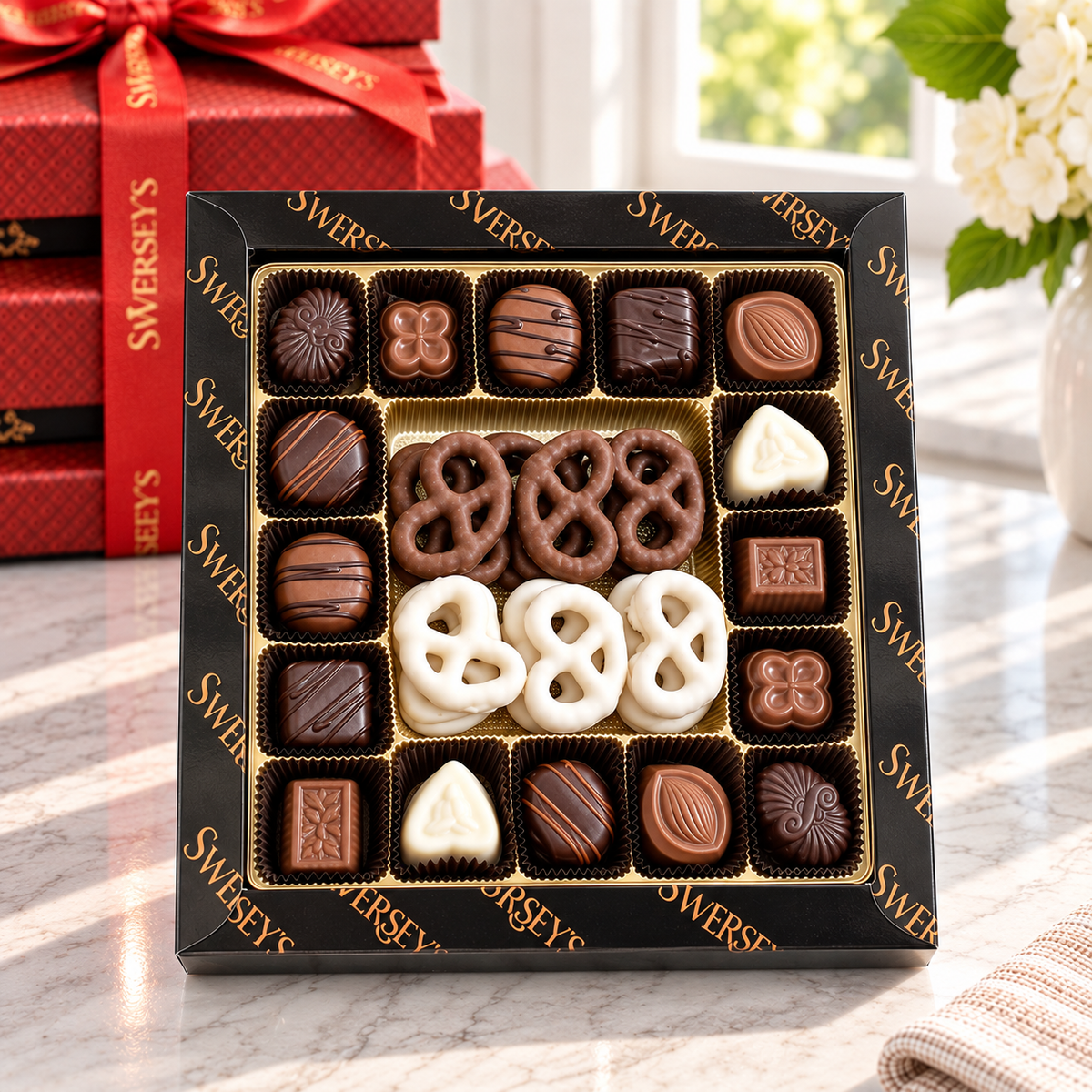 Kosherline 3 tier chocolate gift tower featuring assorted dairy-free chocolates and chocolate-covered pretzels.