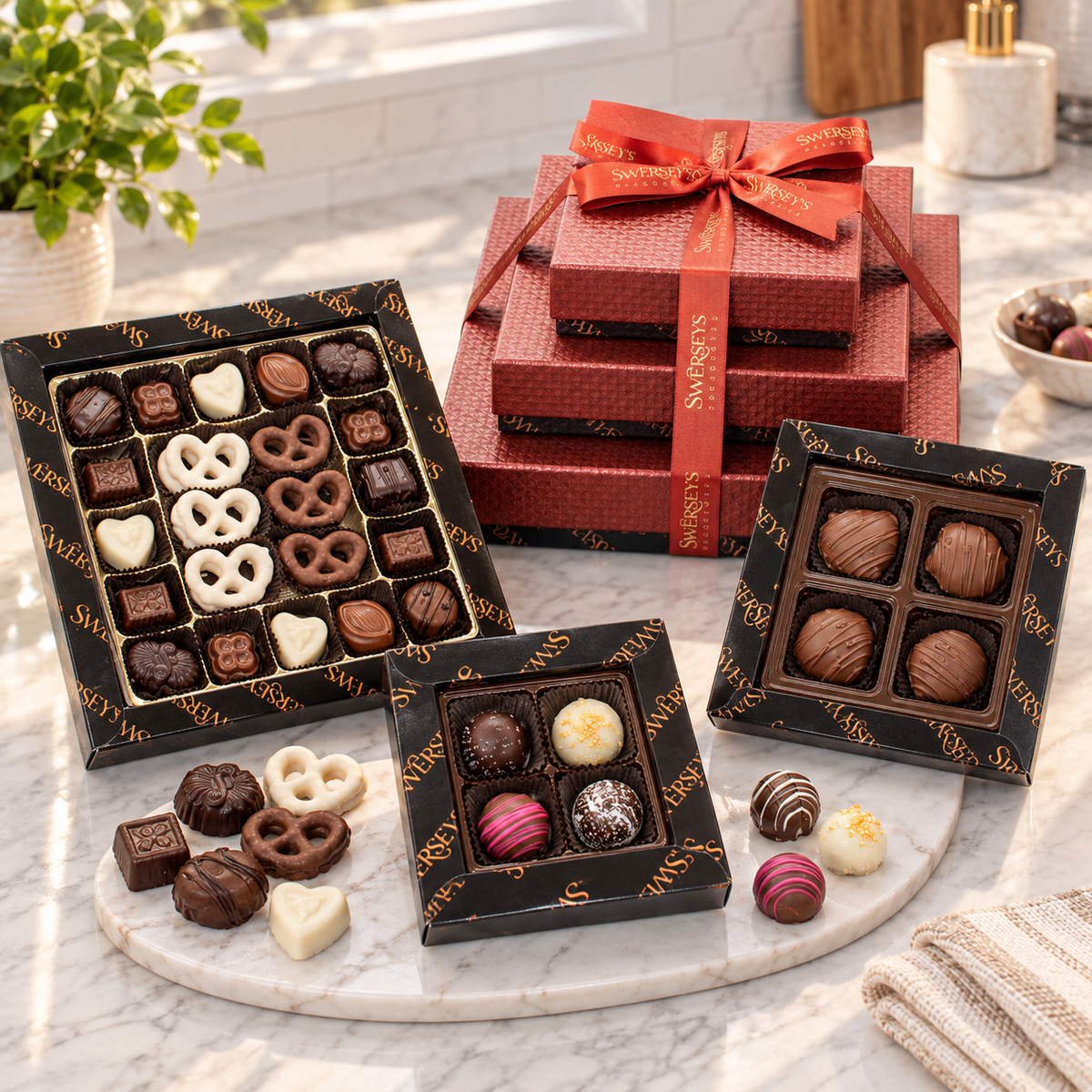 Kosherline 3-tier chocolate gift tower featuring assorted dairy-free truffles, chocolate-covered pretzels, and nuts.