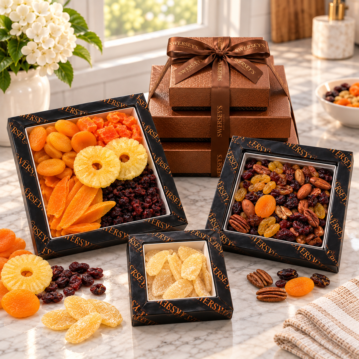 Kosherline 3 Tier Gourmet Dried Fruit Reserve Collection featuring assorted dried fruits and nuts in elegant boxes.