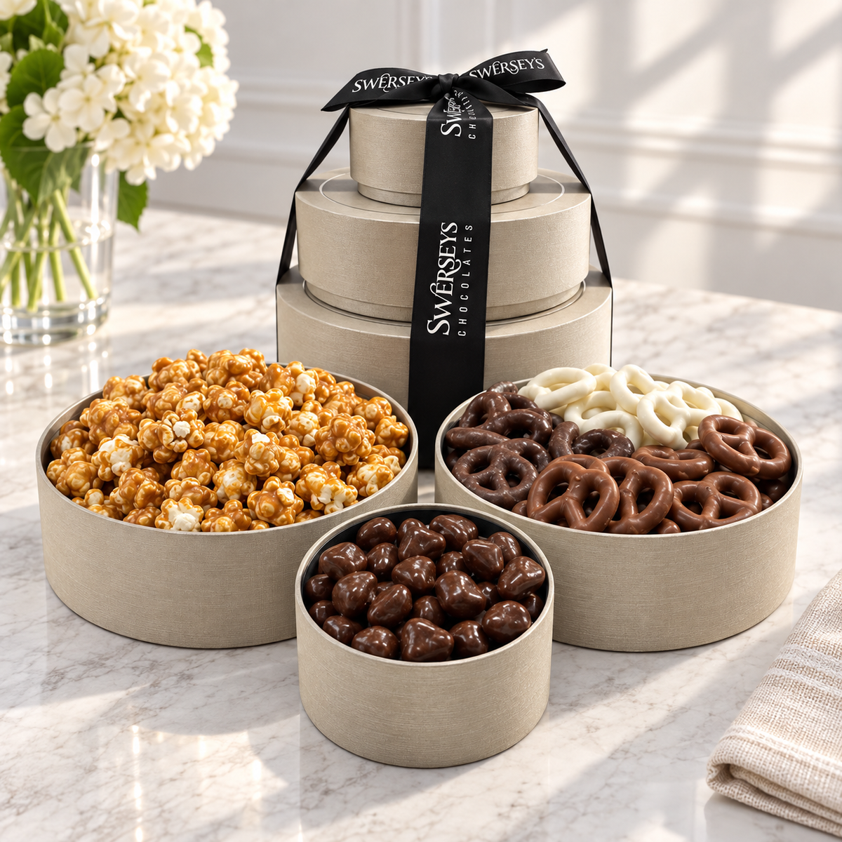 Kosherline 3-tier gift tower featuring caramel popcorn, chocolate-covered pretzels, and espresso beans in round boxes.