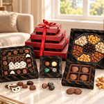 Kosherline 4 tier chocolate gift tower featuring assorted truffles, chocolate covered nuts, and pretzels in boxes.