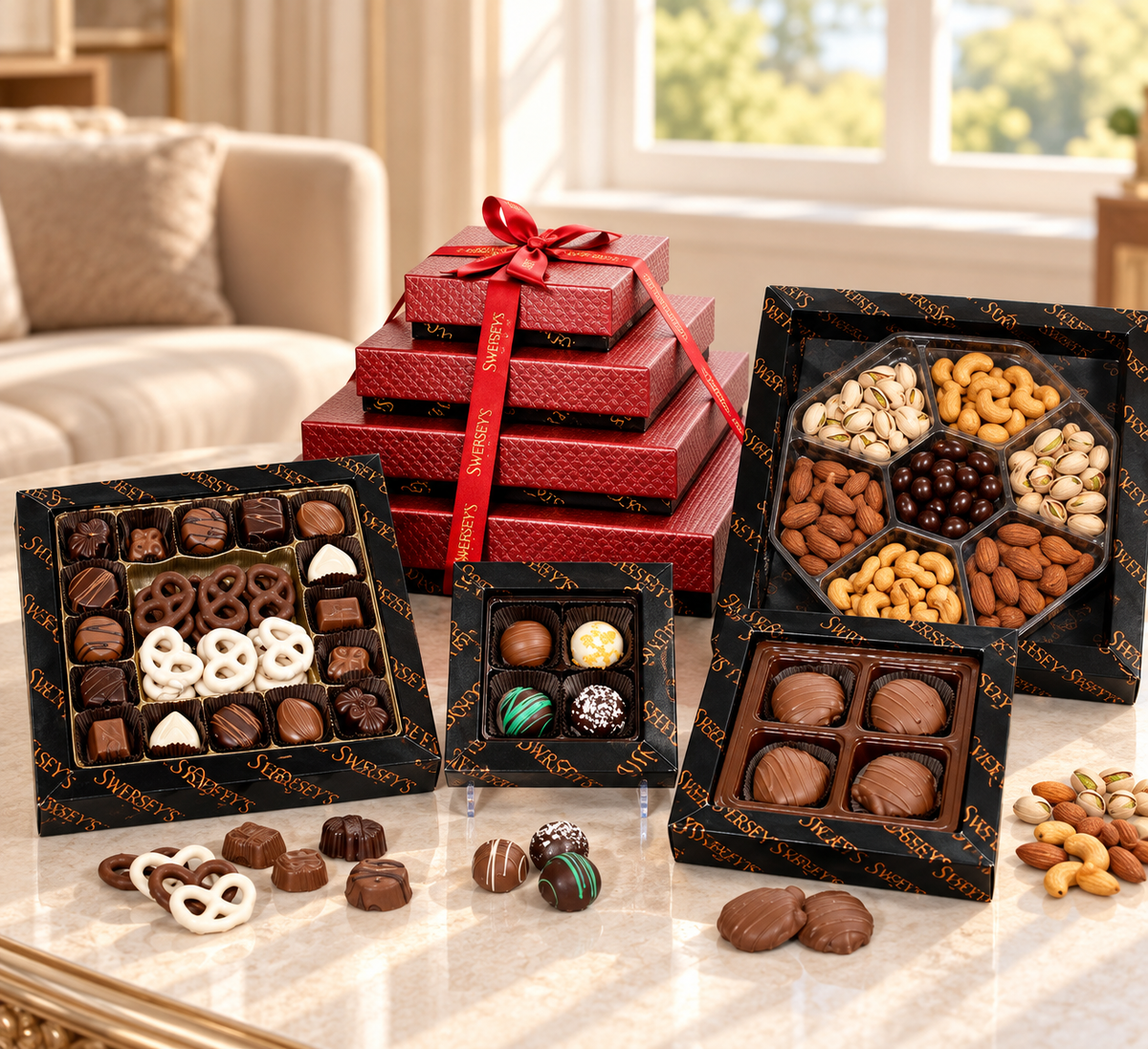 Kosherline 4 tier chocolate gift tower featuring assorted truffles, chocolate covered nuts, and pretzels in boxes.