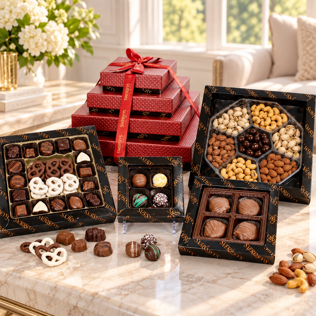Kosherline 4 tier executive indulgence chocolate gift tower featuring assorted truffles, nuts, and chocolate pretzels.
