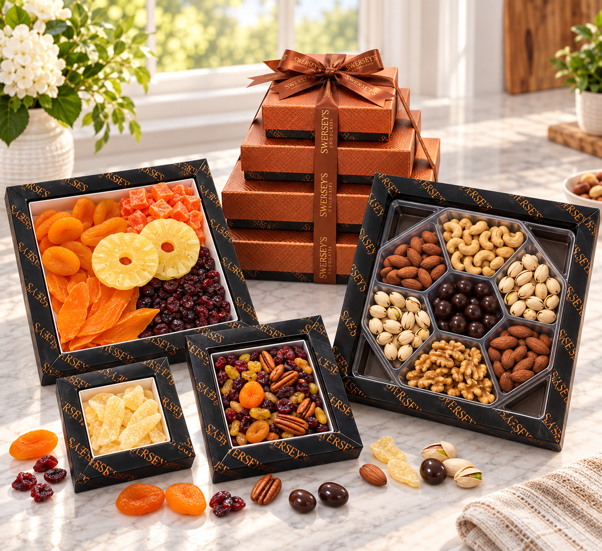 Kosherline 4 tier executive gift set featuring assorted dried fruits, roasted nuts, and chocolate treats in boxes.