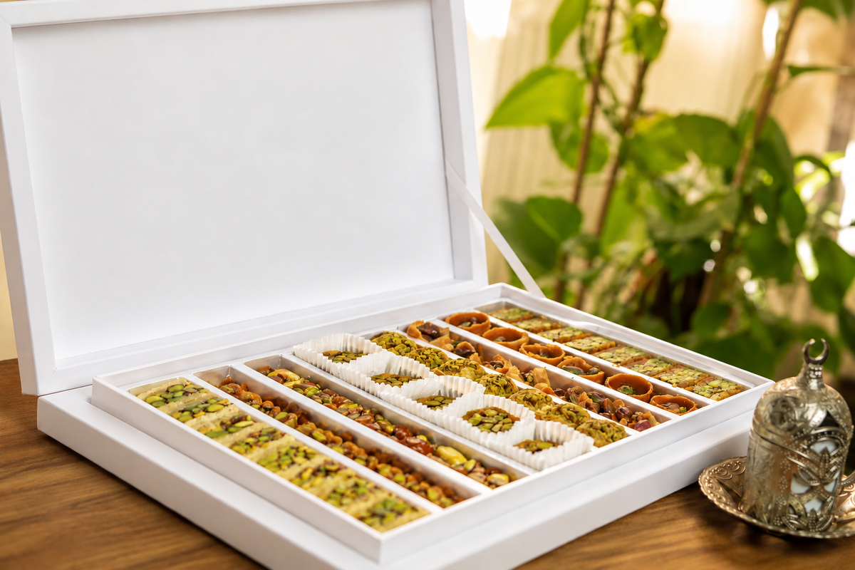 Kosherline assorted baklava gift box featuring crispy phyllo pastry, roasted nuts, and honey on a wooden table.
