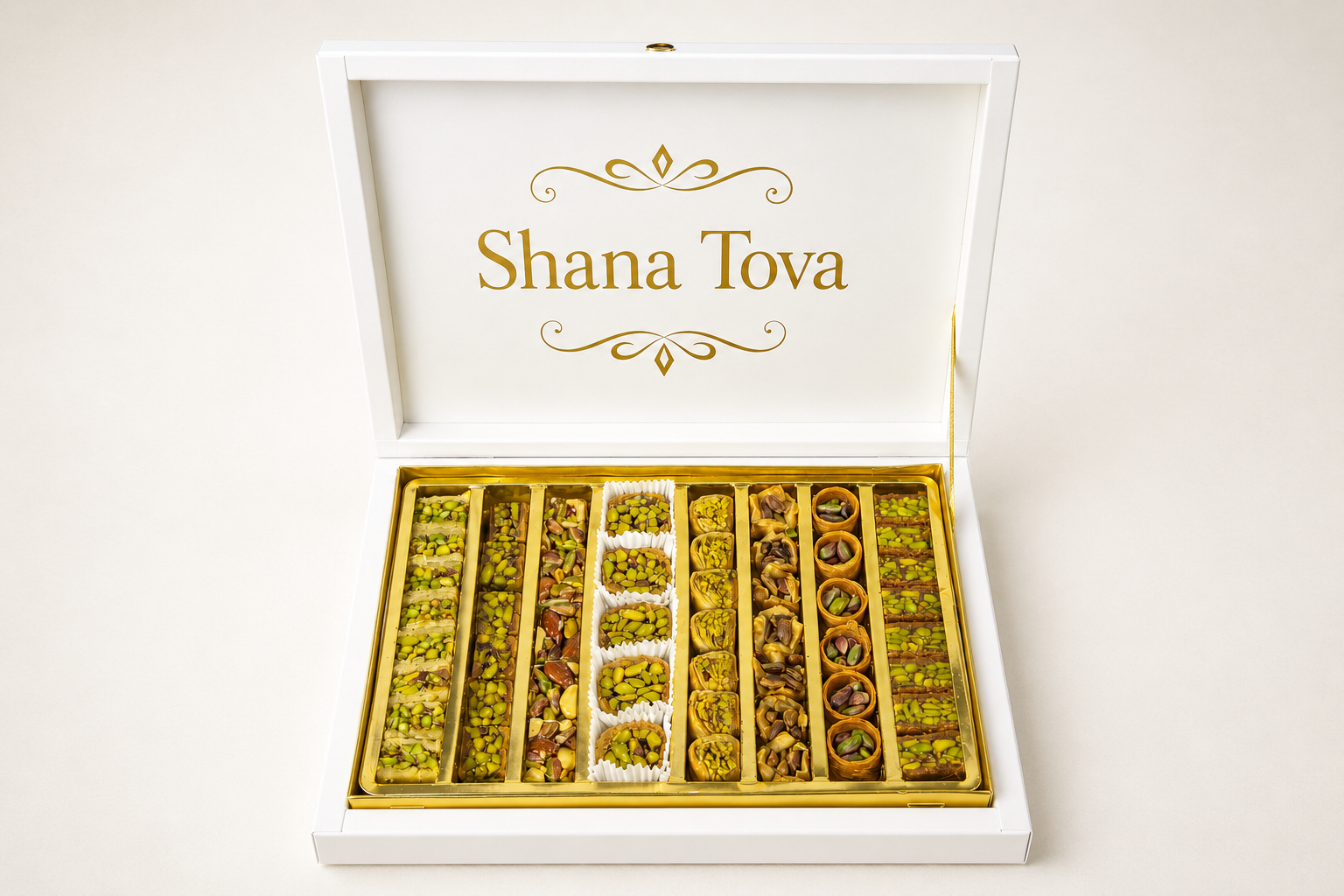 Kosherline assorted baklava gift box with Shana Tova greeting, featuring crispy phyllo pastry and roasted nuts.