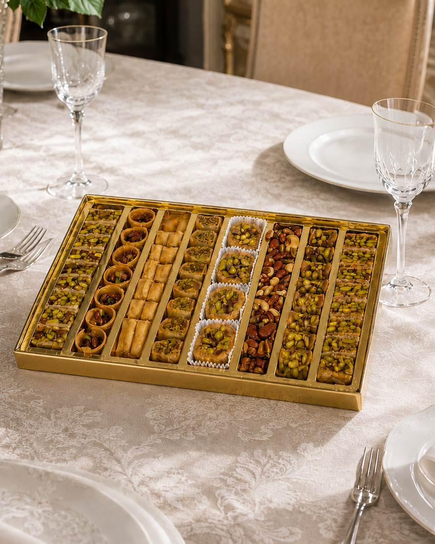 Kosherline assorted baklava gift box featuring various nut-filled phyllo pastries arranged in a gold tray on a table.
