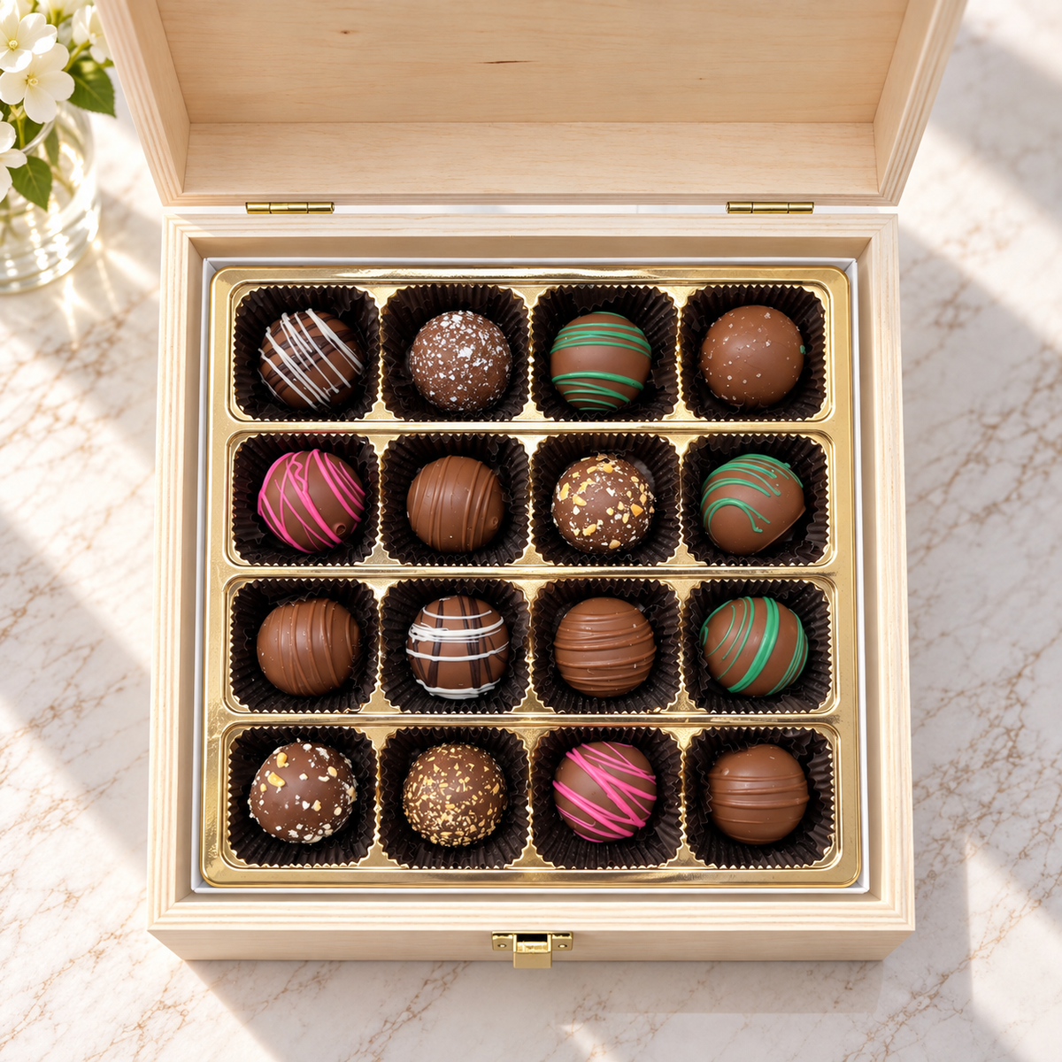Kosherline assorted chocolate truffles in a small wooden gift box, featuring various toppings and colorful drizzles.
