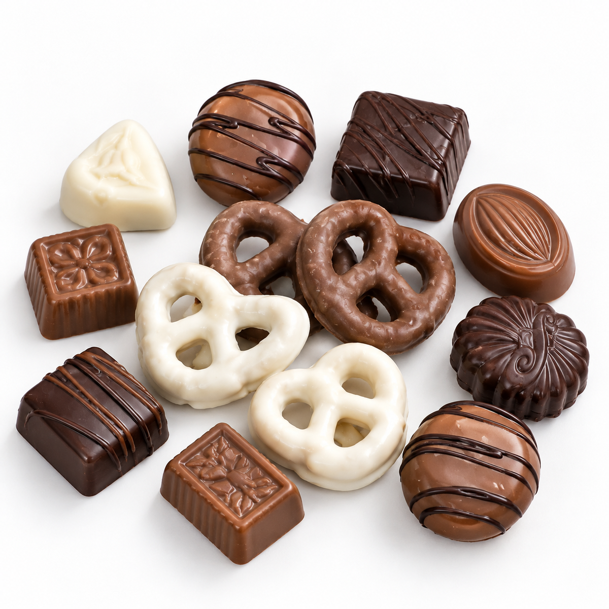 Kosherline assortment of premium dairy-free Kosher Pareve chocolates and chocolate-covered pretzels on white background