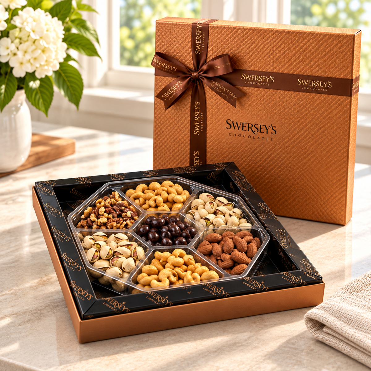 Kosherline premium assorted nuts gift box with cashews, almonds, walnuts, pistachios, and chocolate-covered almonds.