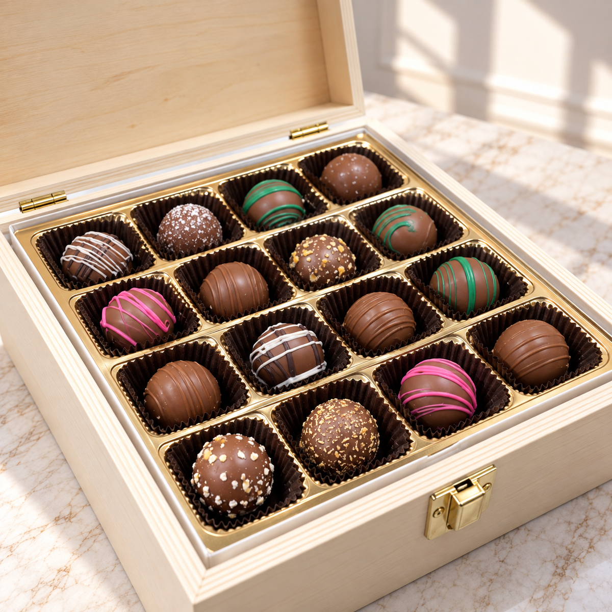 Kosherline assorted chocolate truffles with various toppings and drizzles in a small wooden gift box