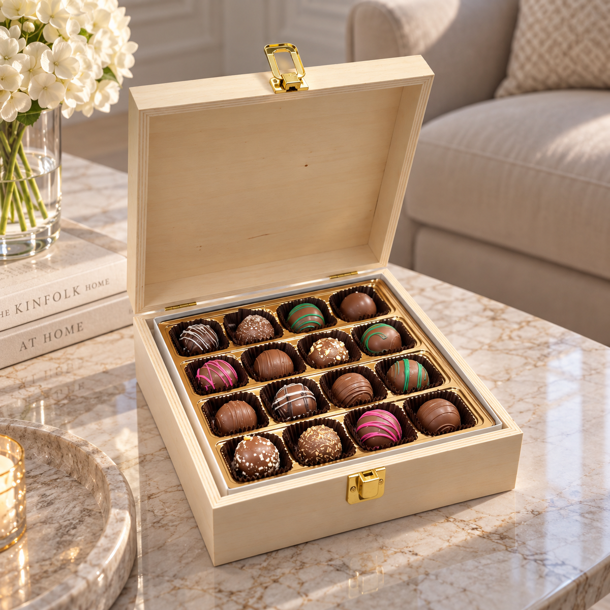 Kosherline assorted chocolate truffles in a small wooden gift box with gold latch on a marble table