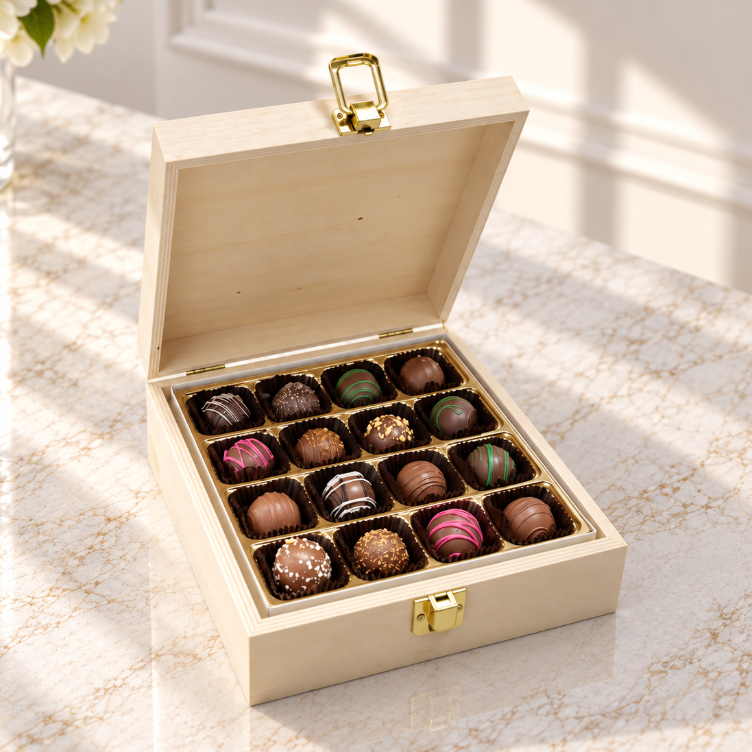 Kosherline assorted chocolate truffles in a small, open wooden gift box with gold-tone metal latch on marble table.