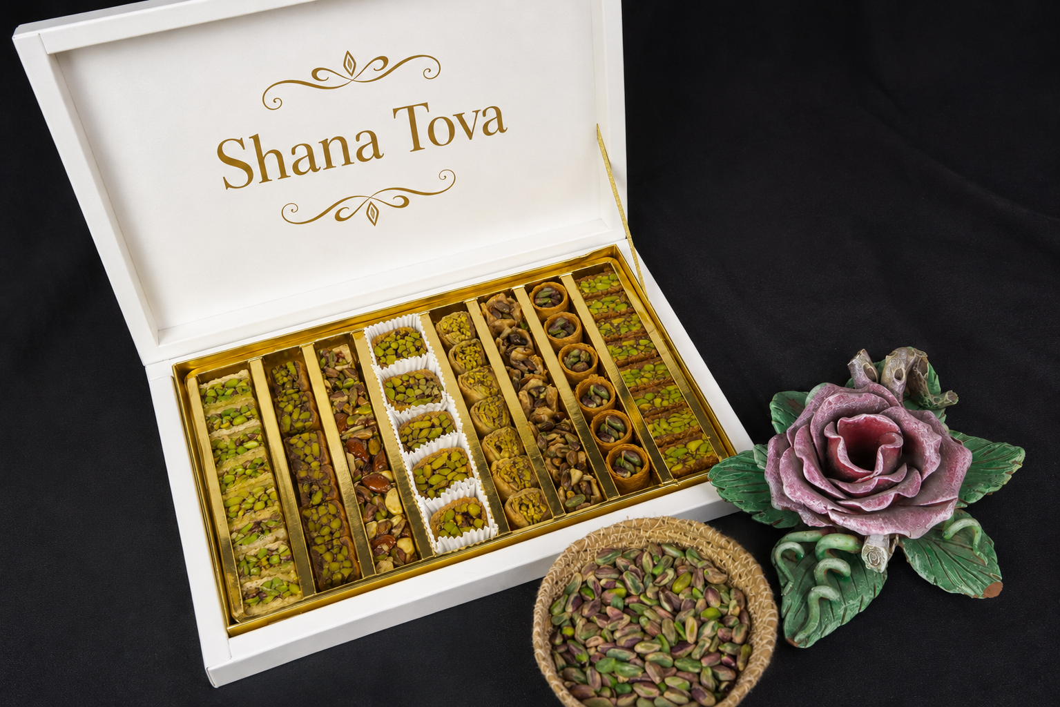 Kosherline assorted baklava gift box with Shana Tova greeting, featuring crispy phyllo, honey, and roasted pistachios.