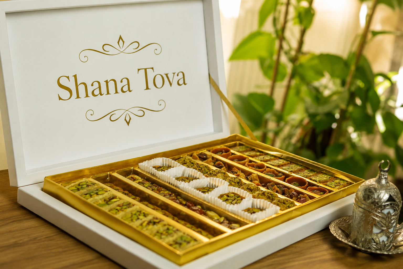 Kosherline assorted baklava gift box with Shana Tova greeting, featuring crispy phyllo pastry and roasted nuts.
