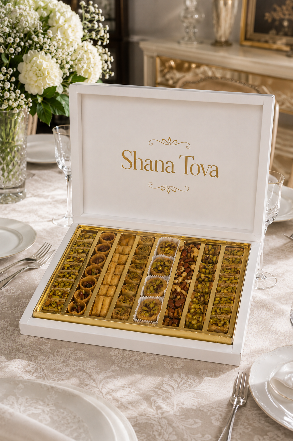 Kosherline assorted baklava gift box with crispy phyllo pastry and roasted nuts, presented in an elegant white box.