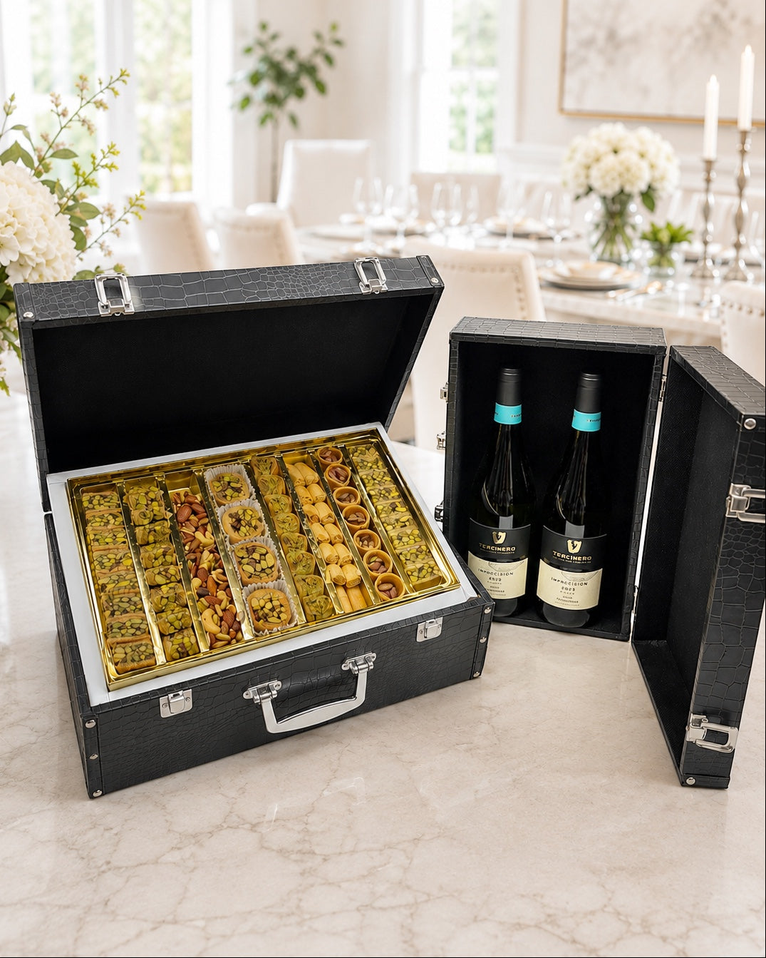 Kosherline gourmet baklava and wine gift set in a black crocodile-embossed leatherette case on a marble countertop.