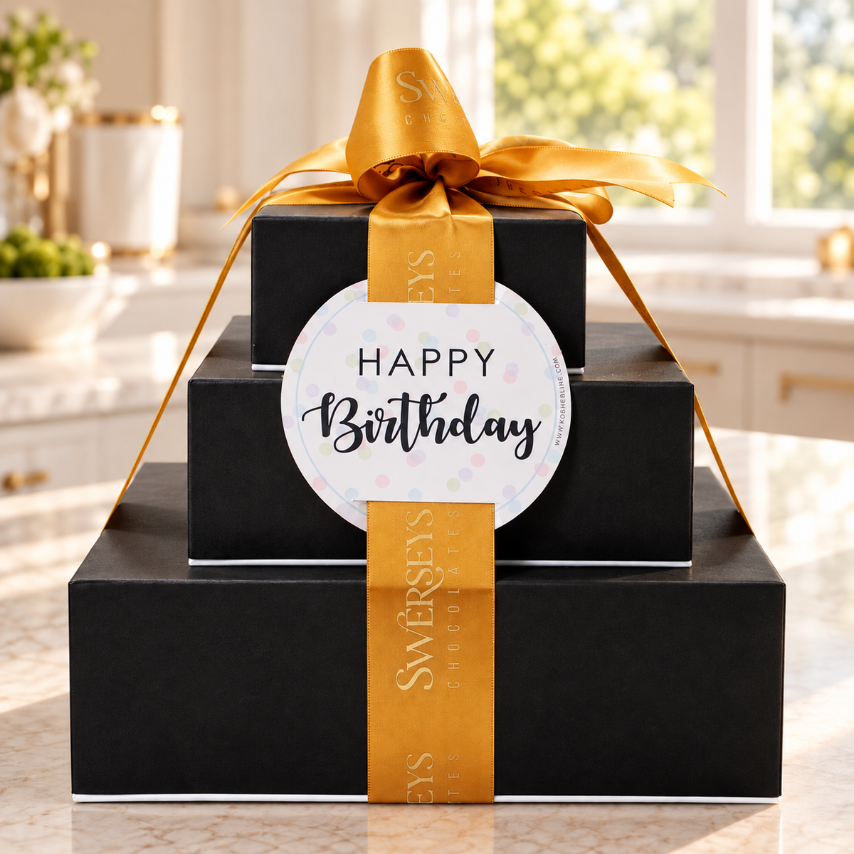 Kosherline Happy Birthday 3-tier chocolate gift tower in black boxes tied with a gold silk ribbon and gift tag.
