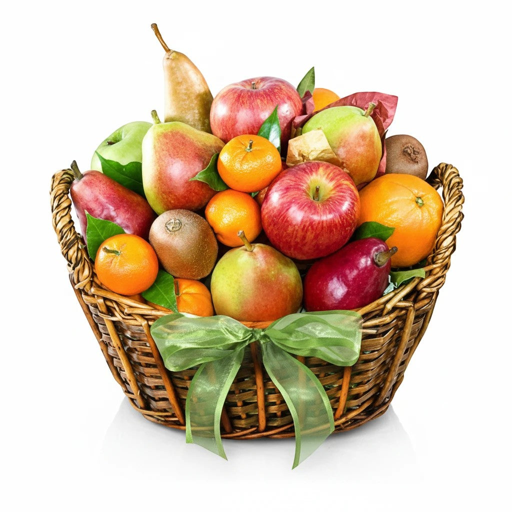 Kosherline Bountiful Fruit Harvest gift basket featuring fresh pears, apples, oranges, and kiwis in a woven basket.