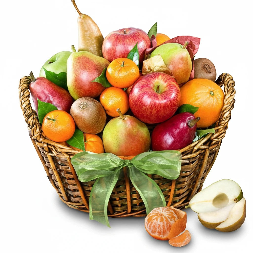 Kosherline Bountiful Fruit Harvest gift basket filled with fresh pears, apples, oranges, and kiwis with a green bow.
