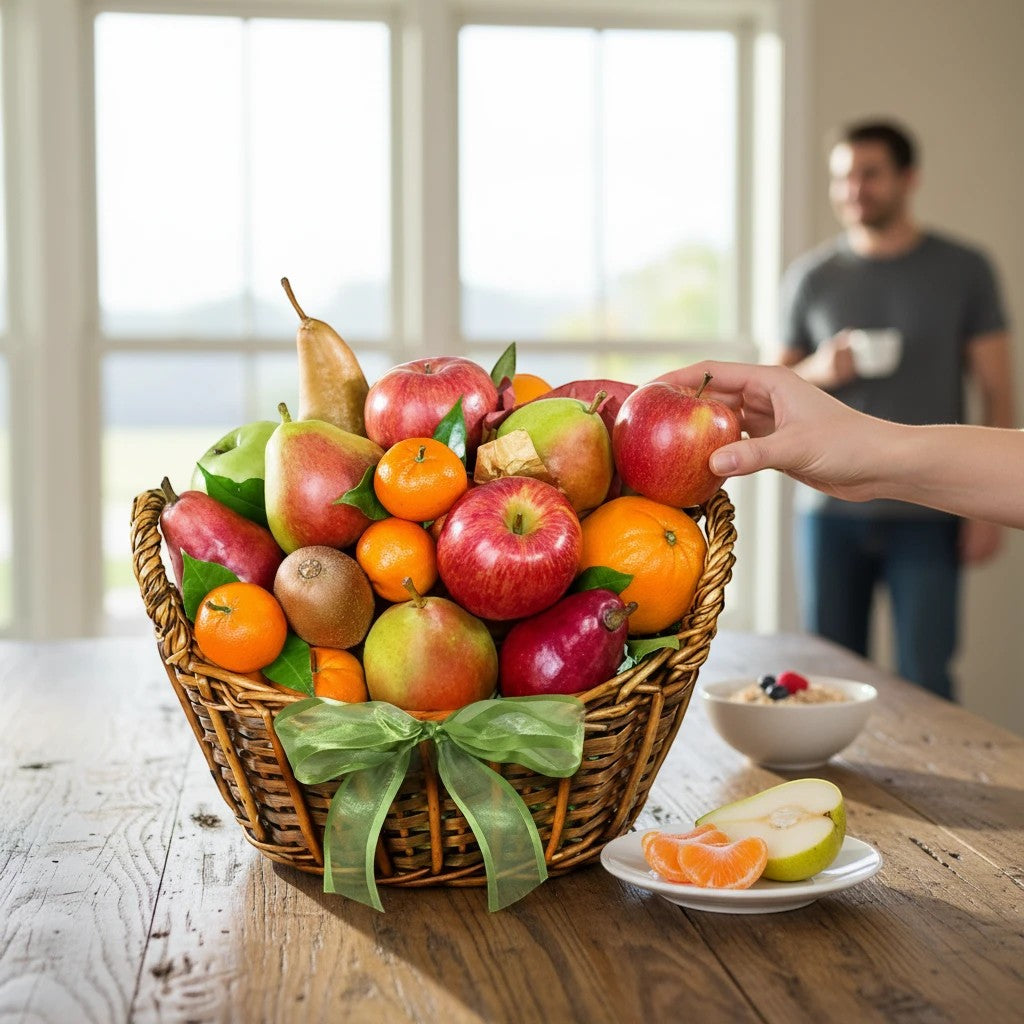 Kosherline Bountiful Fruit Harvest gift basket featuring fresh assorted pears, apples, oranges, and kiwis in a basket.