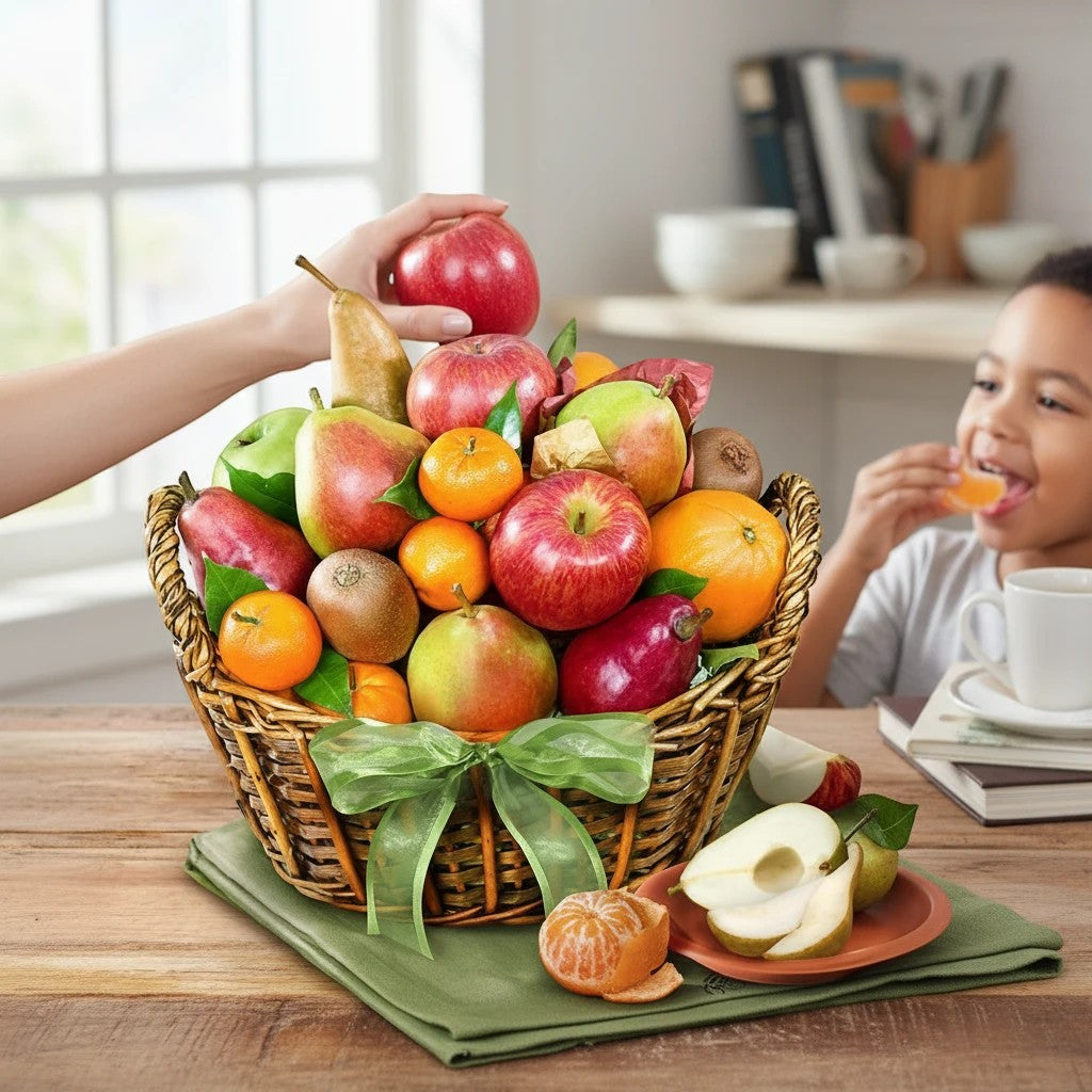 Kosherline Bountiful Fruit Harvest gift basket with assorted fresh pears, apples, oranges, and kiwis on a table.