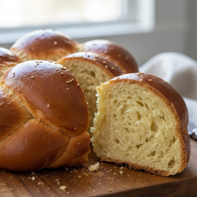 Kosherline freshly baked braided challah bread with a sliced piece on a wooden cutting board