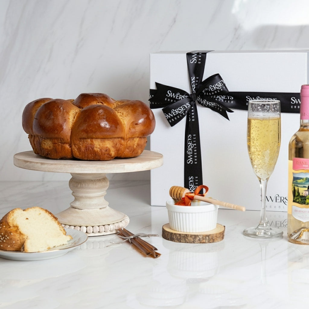 Kosherline Shabbat and Yom Tov gift box with gourmet challah, Moscato wine, honey sticks, and a wooden honey dipper.