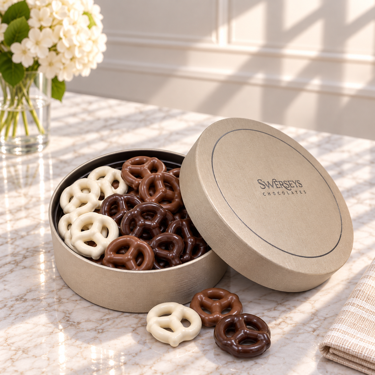 Kosherline gift box filled with assorted milk, dark, and white chocolate covered pretzels on a marble table.