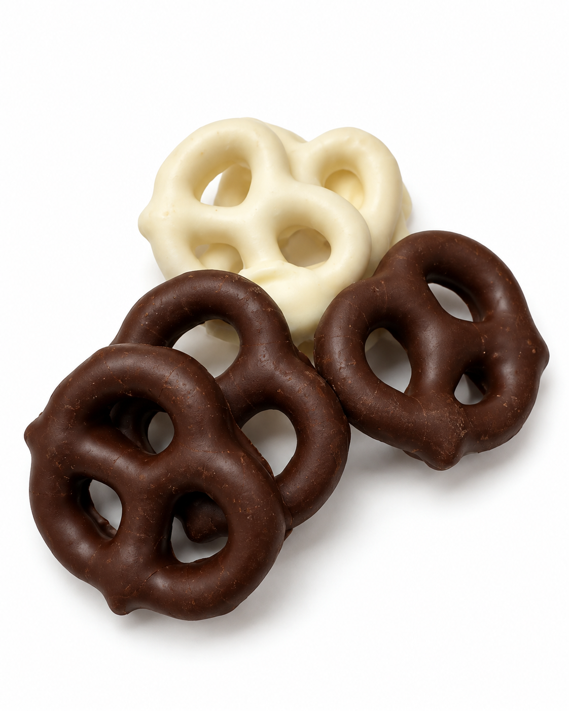 Kosherline assorted chocolate and white chocolate covered pretzels on a white background