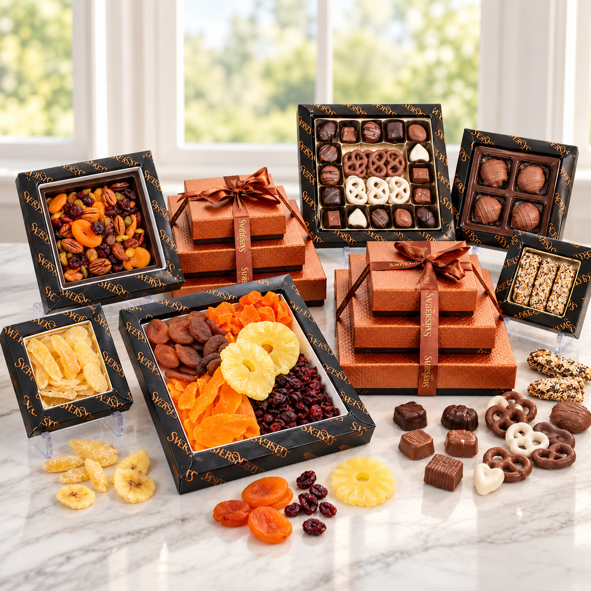 Kosherline 6 tier gourmet gift tower featuring assorted chocolates, chocolate-covered nuts, and dried fruit platters.
