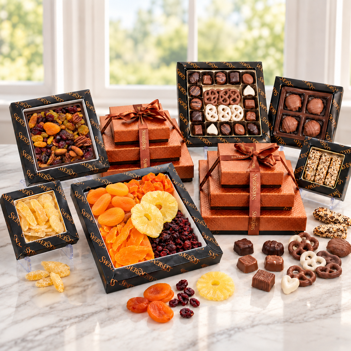 Kosherline 6 tier gourmet gift tower featuring assorted chocolates, chocolate-covered nuts, and dried fruit platters.