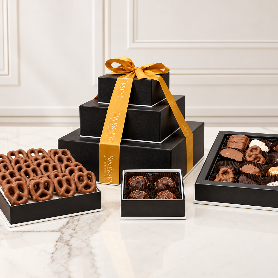 Kosherline 3 tier chocolate gift tower with milk chocolate pretzel twists and gourmet truffles tied with gold ribbon
