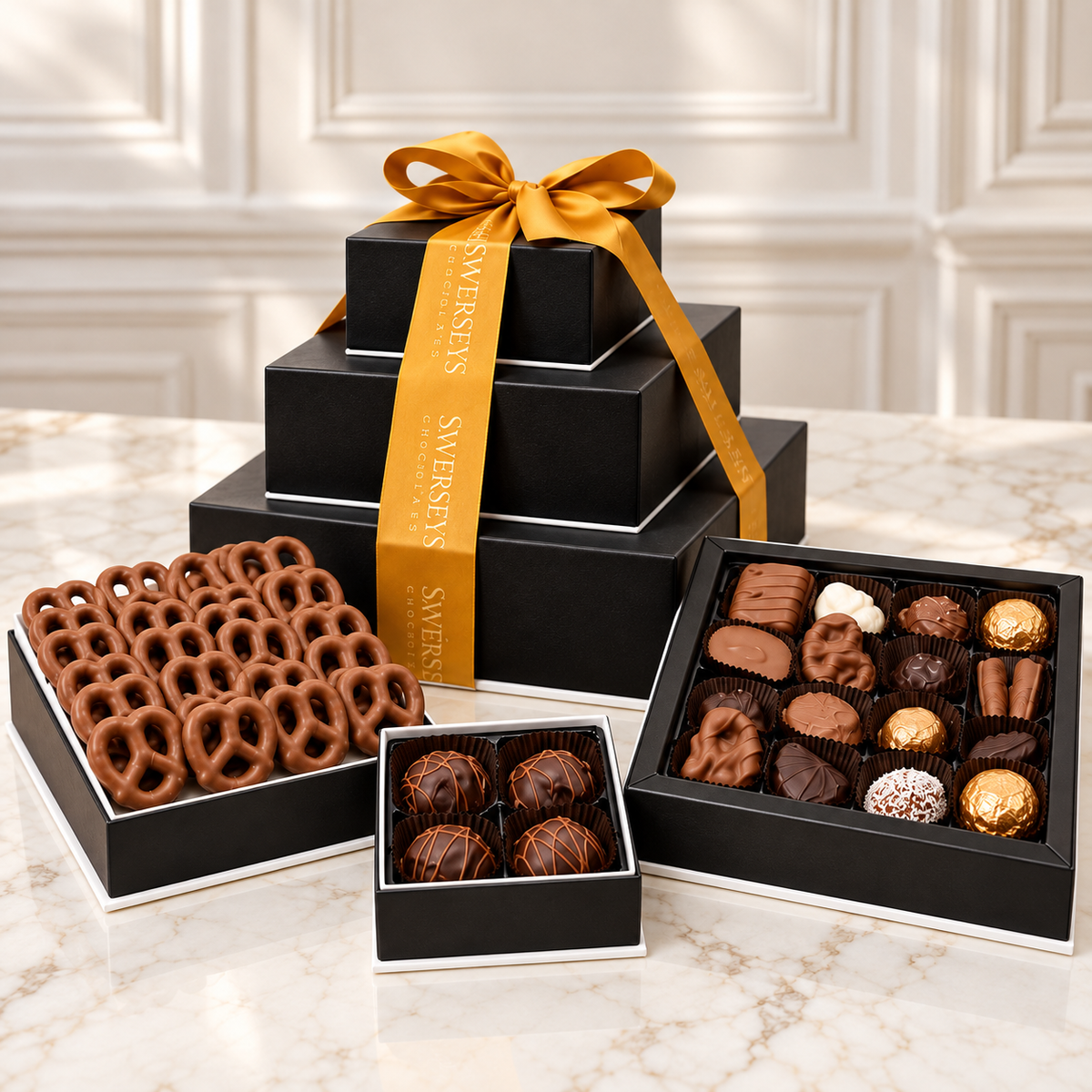 Kosherline Happy Birthday 3 Tier Chocolate Gift Tower with gourmet chocolates, pretzels, and gold silk ribbon.