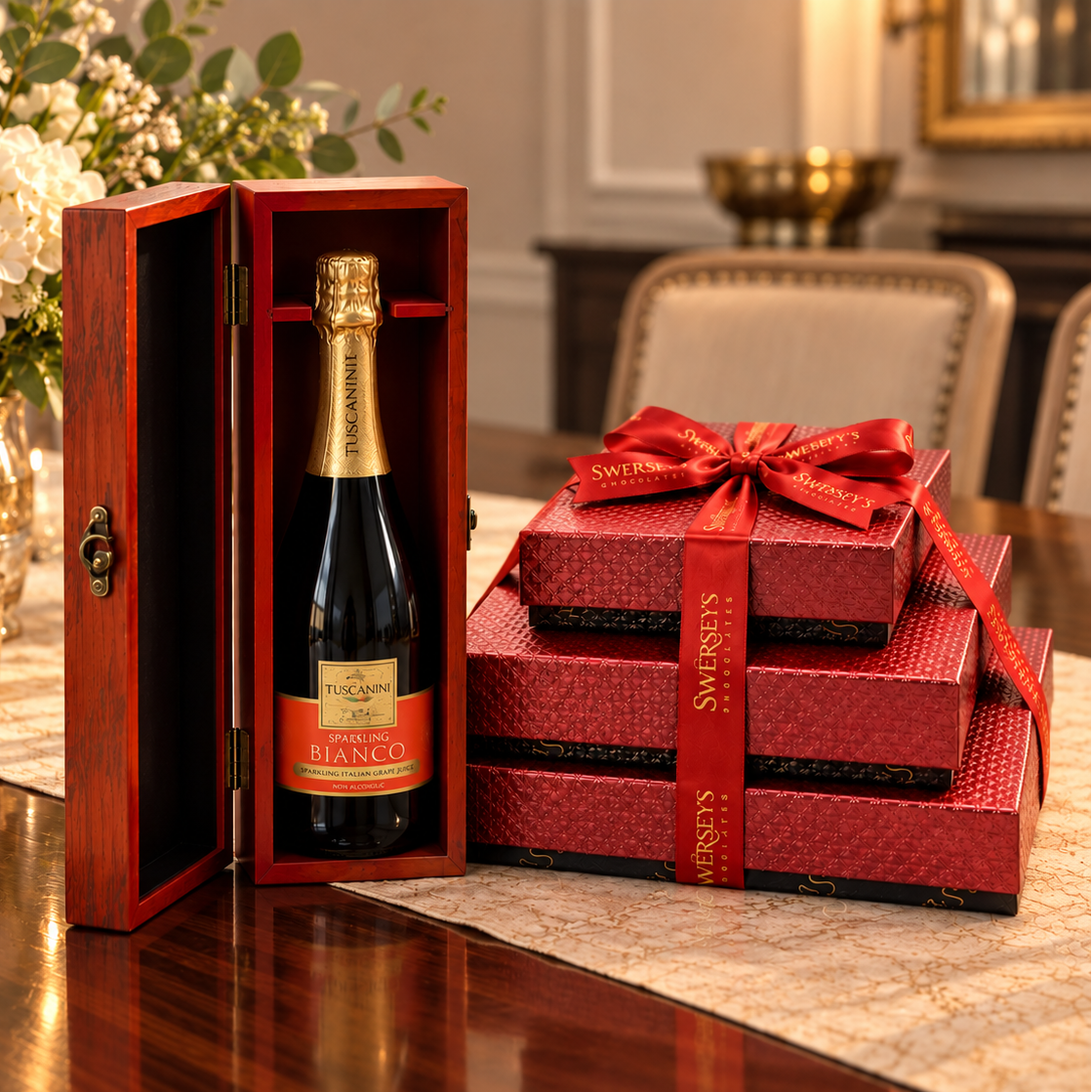 Kosherline 3-tier red gift box tower with ribbon and a bottle of sparkling grape juice in a wooden display case.