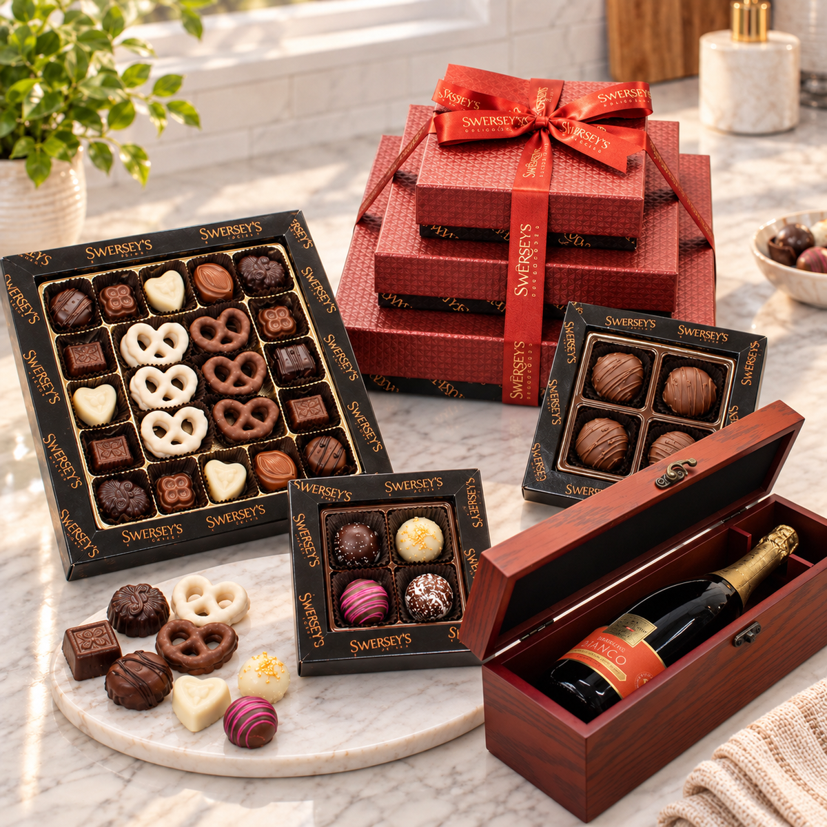 Kosherline 3 tier gift tower featuring assorted Swersey's chocolates and a bottle of wine in a wooden box