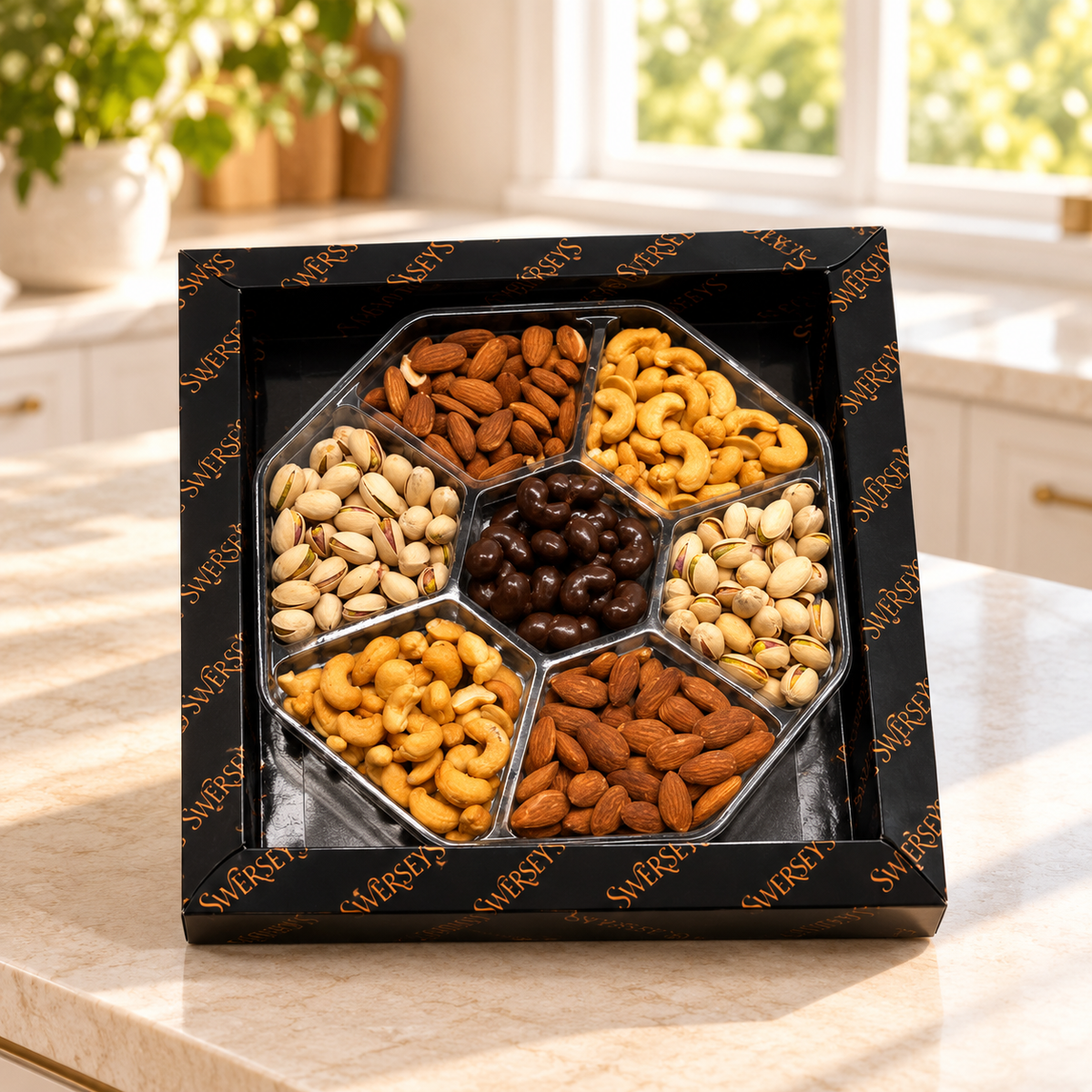 Kosherline 4 tier gift tower featuring a selection of premium chocolate-covered nuts, almonds, cashews, and pistachios.